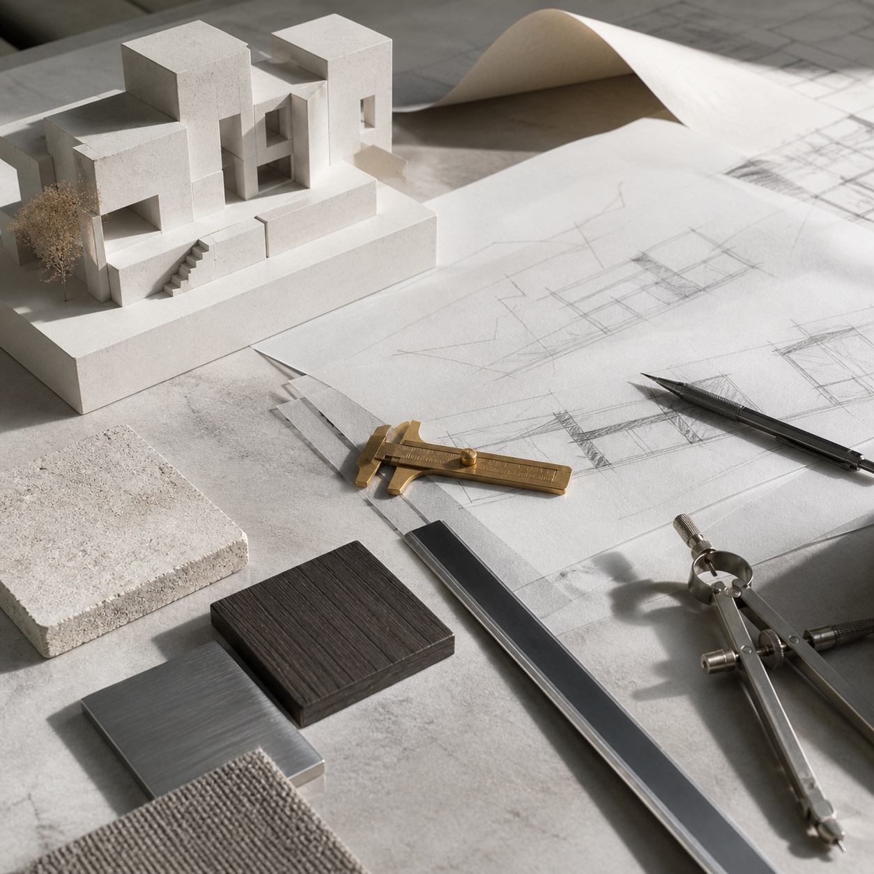 Architectural model and design sketches on a MetaForm design desk