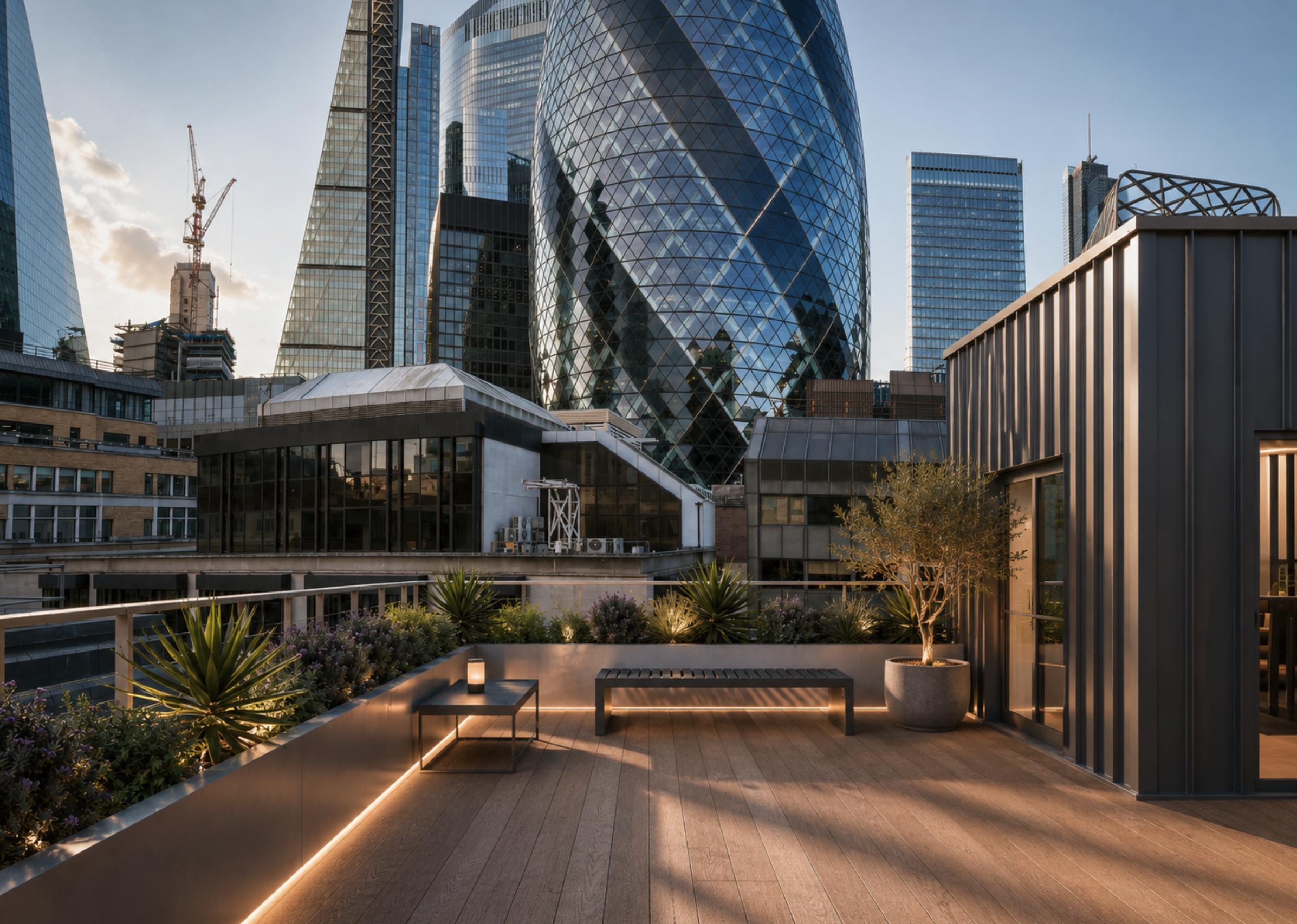 Creechurch House rooftop terrace with City of London skyline